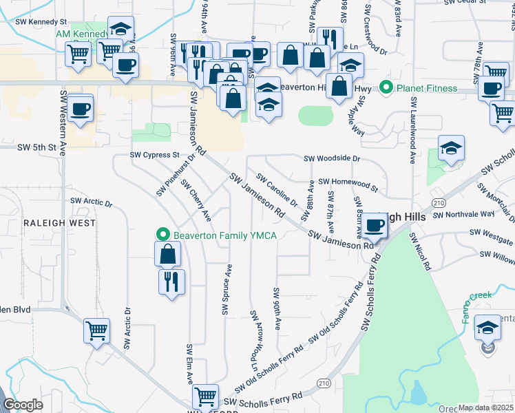map of restaurants, bars, coffee shops, grocery stores, and more near 5360 Southwest Arrow-Wood Lane in Portland