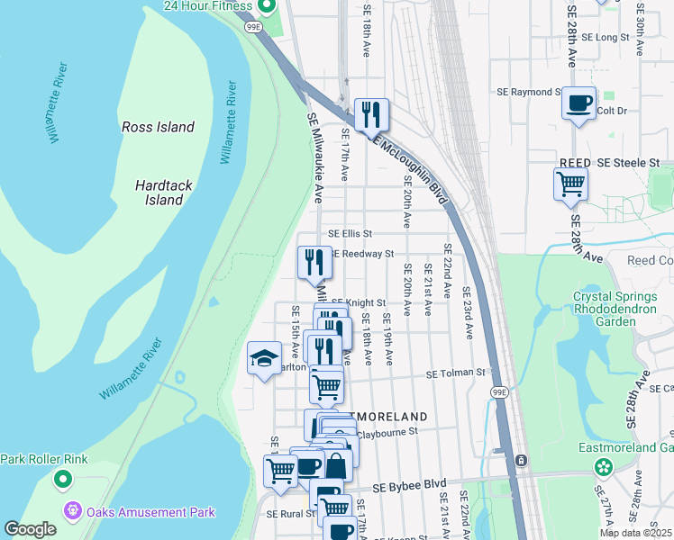 map of restaurants, bars, coffee shops, grocery stores, and more near 5741 Southeast 17th Avenue in Portland