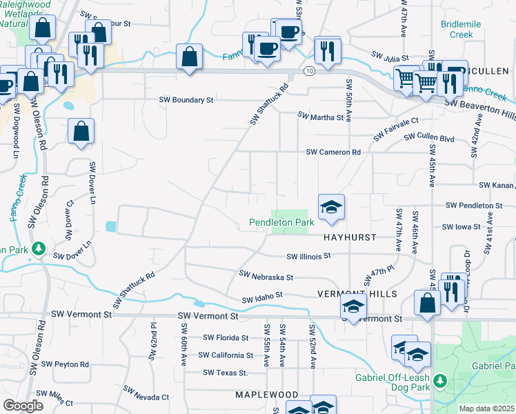 map of restaurants, bars, coffee shops, grocery stores, and more near 5542 Southwest Pendleton Street in Portland
