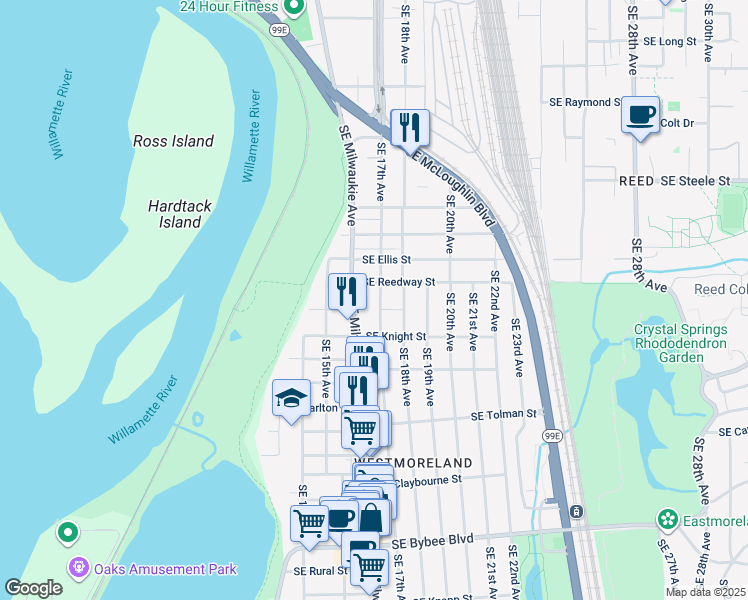map of restaurants, bars, coffee shops, grocery stores, and more near 5743 Southeast 17th Avenue in Portland