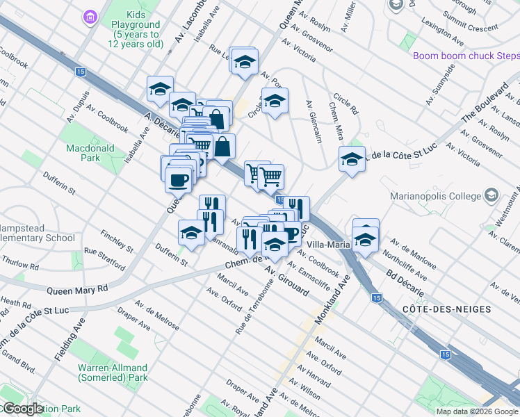 map of restaurants, bars, coffee shops, grocery stores, and more near 4633 Avenue Coolbrook in Montréal