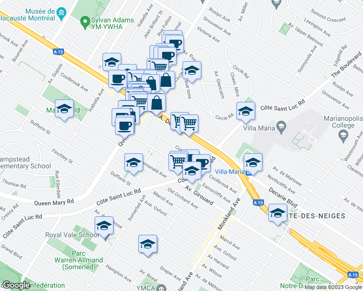 map of restaurants, bars, coffee shops, grocery stores, and more near 4633 Avenue Coolbrook in Montréal
