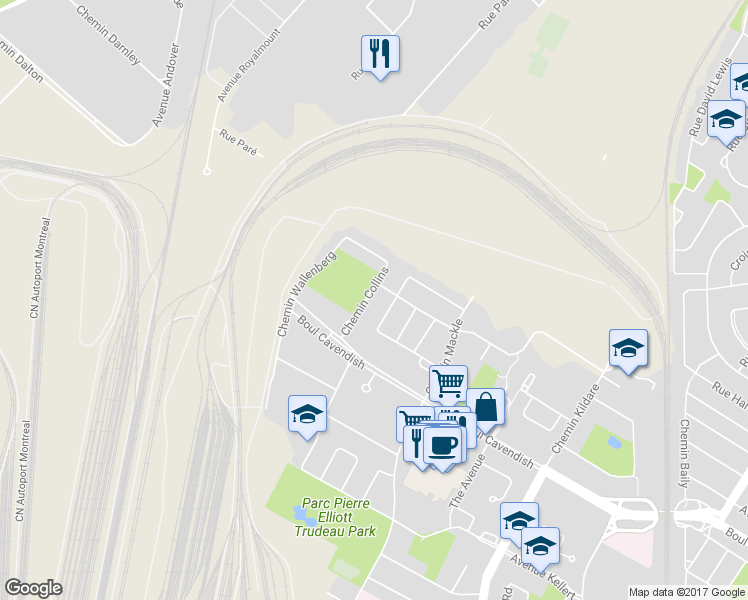 map of restaurants, bars, coffee shops, grocery stores, and more near 6552 Chemin Collins in Côte Saint-Luc