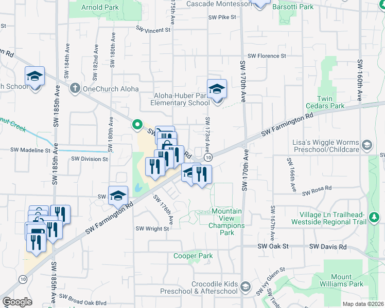 map of restaurants, bars, coffee shops, grocery stores, and more near 5286 Southwest 174th Terrace in Beaverton