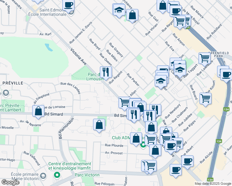 map of restaurants, bars, coffee shops, grocery stores, and more near 1864 Avenue Victoria in Longueuil