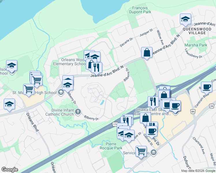 map of restaurants, bars, coffee shops, grocery stores, and more near 6823 Bilberry Drive in Ottawa