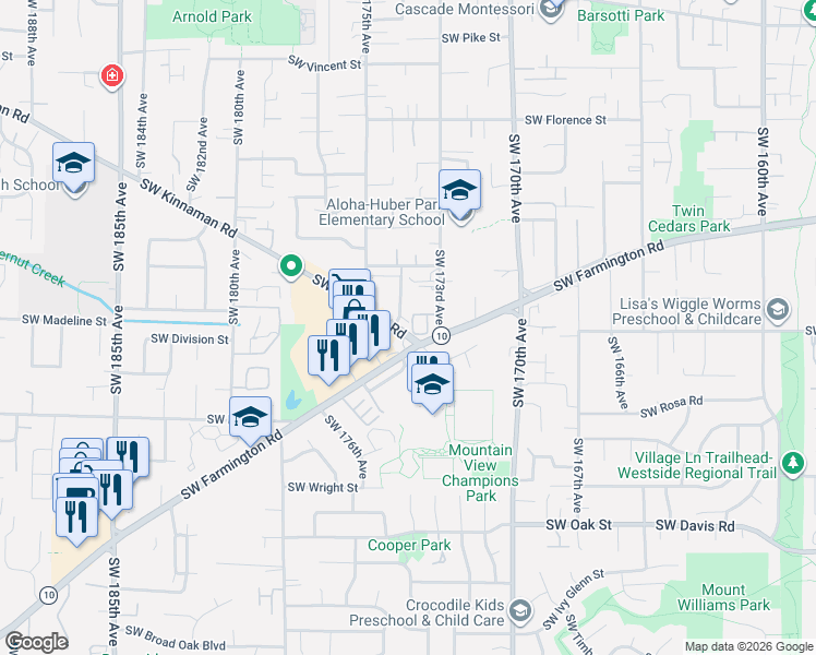 map of restaurants, bars, coffee shops, grocery stores, and more near 5280 Southwest 174th Terrace in Beaverton