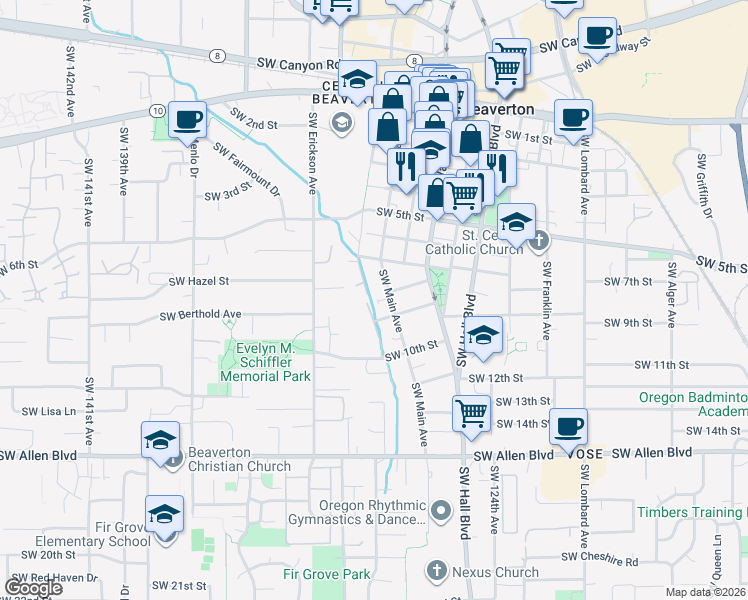 map of restaurants, bars, coffee shops, grocery stores, and more near 5295 Southwest Main Avenue in Beaverton
