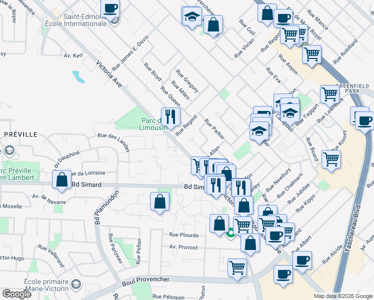 map of restaurants, bars, coffee shops, grocery stores, and more near 1864 Avenue Victoria in Longueuil