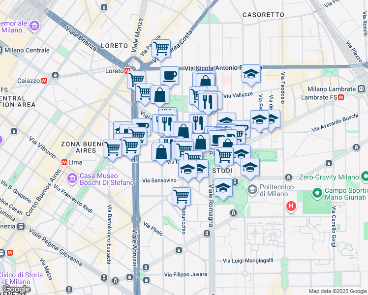 map of restaurants, bars, coffee shops, grocery stores, and more near 9 Via Giuseppe Luosi in Milano