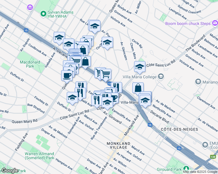 map of restaurants, bars, coffee shops, grocery stores, and more near 4598 Boulevard Décarie in Montréal