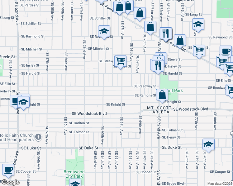 map of restaurants, bars, coffee shops, grocery stores, and more near 6628 Southeast Reedway Street in Portland