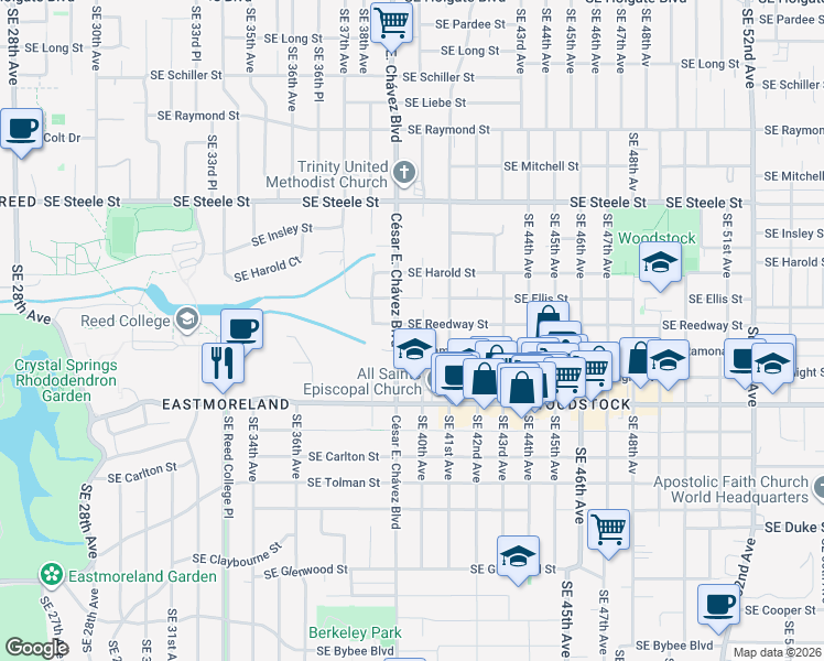 map of restaurants, bars, coffee shops, grocery stores, and more near 3937 Southeast Reedway Street in Portland