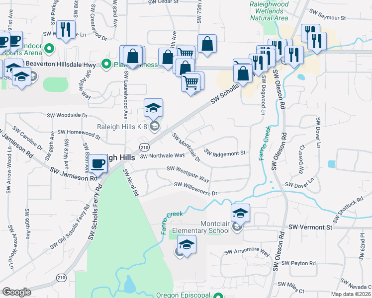 map of restaurants, bars, coffee shops, grocery stores, and more near 7720 Southwest Montclair Drive in Portland