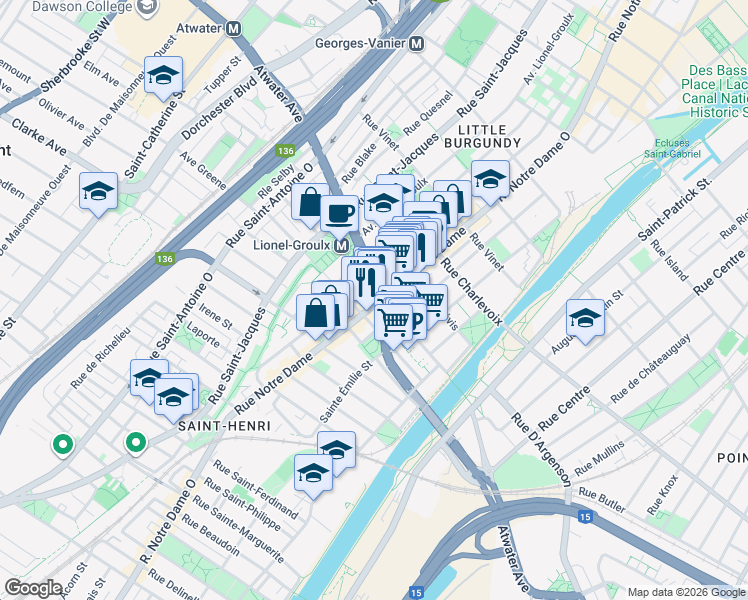 map of restaurants, bars, coffee shops, grocery stores, and more near in Montreal