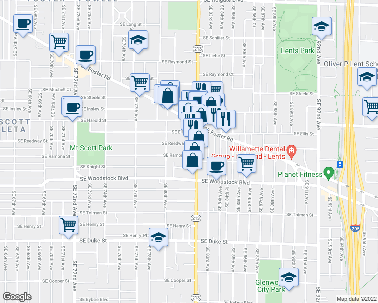 map of restaurants, bars, coffee shops, grocery stores, and more near 8104 Southeast Reedway Street in Portland