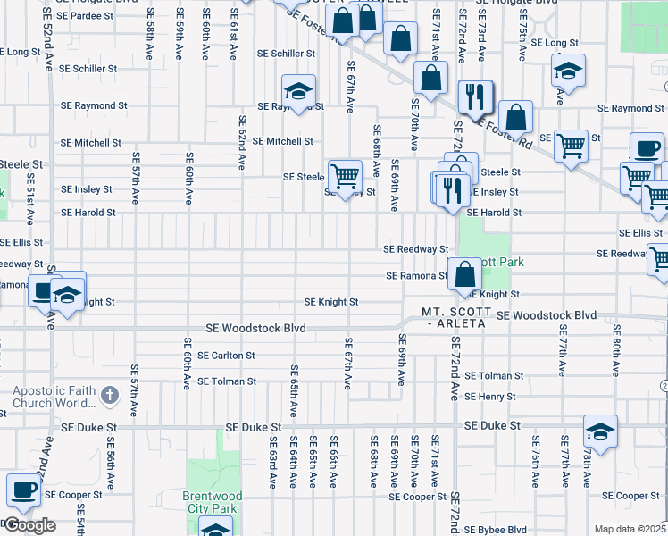 map of restaurants, bars, coffee shops, grocery stores, and more near 6628 Southeast Reedway Street in Portland