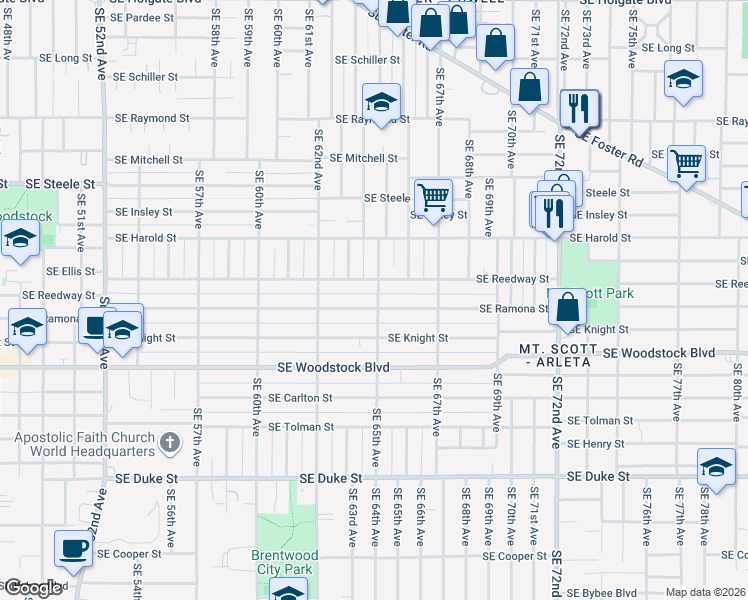 map of restaurants, bars, coffee shops, grocery stores, and more near 6516 Southeast Reedway Street in Portland