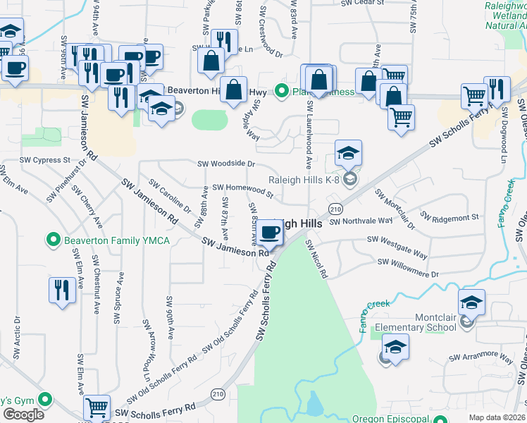 map of restaurants, bars, coffee shops, grocery stores, and more near 8400 Southwest Homewood Street in Portland