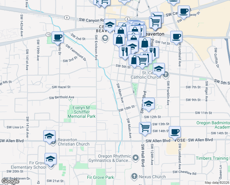 map of restaurants, bars, coffee shops, grocery stores, and more near 5295 Southwest Main Avenue in Beaverton