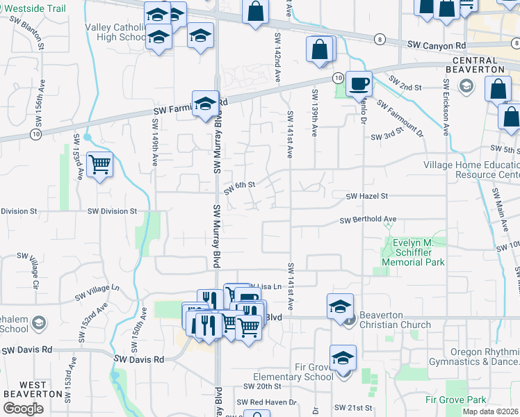 map of restaurants, bars, coffee shops, grocery stores, and more near 5289 Southwest Barclay Court in Beaverton