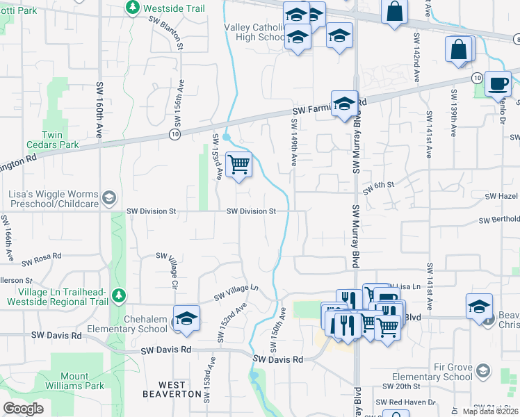 map of restaurants, bars, coffee shops, grocery stores, and more near 5315 Southwest 150th Court in Beaverton
