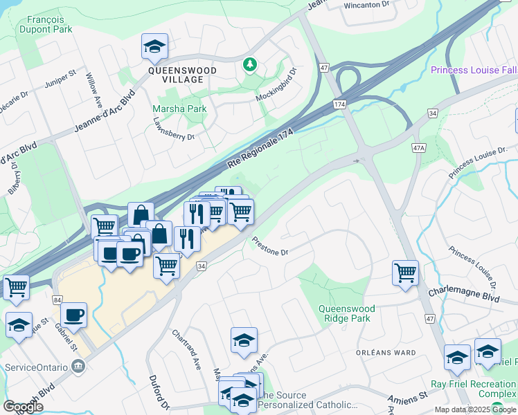 map of restaurants, bars, coffee shops, grocery stores, and more near 320 Centrum Boulevard in Ottawa