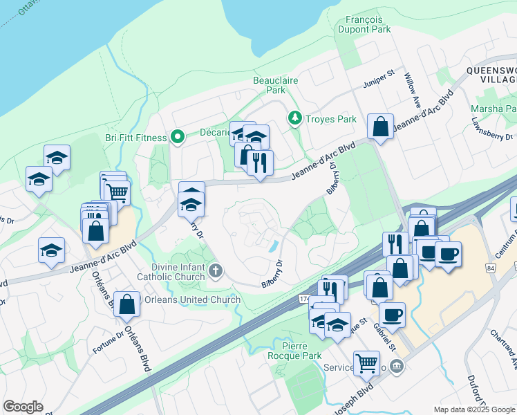 map of restaurants, bars, coffee shops, grocery stores, and more near in Ottawa