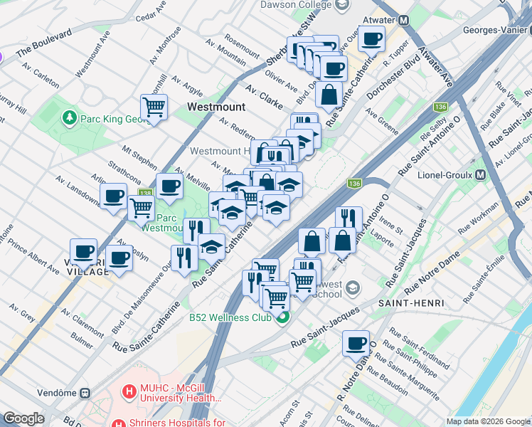 map of restaurants, bars, coffee shops, grocery stores, and more near 4476 Sainte-Catherine Street West in Westmount