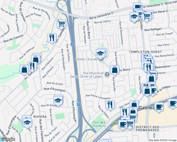map of restaurants, bars, coffee shops, grocery stores, and more near 8 Rue de Gaspé in Gatineau