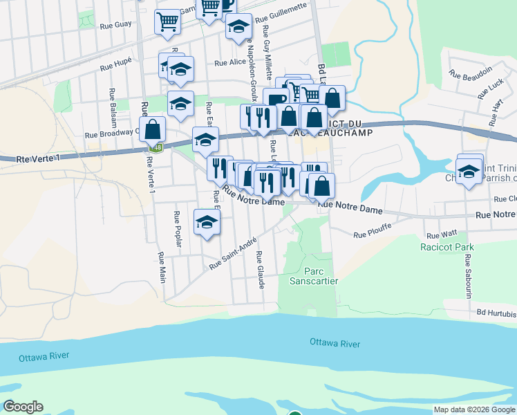 map of restaurants, bars, coffee shops, grocery stores, and more near 306 Rue Notre Dame in Gatineau