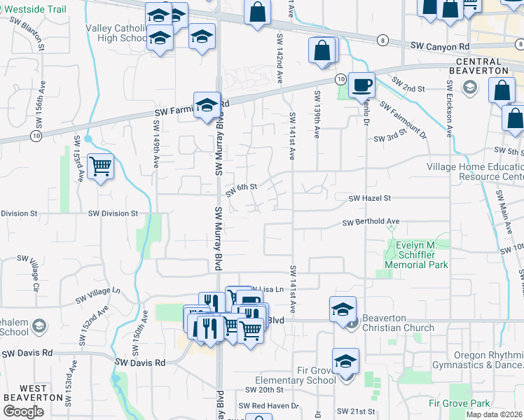 map of restaurants, bars, coffee shops, grocery stores, and more near 5289 Southwest Barclay Court in Beaverton