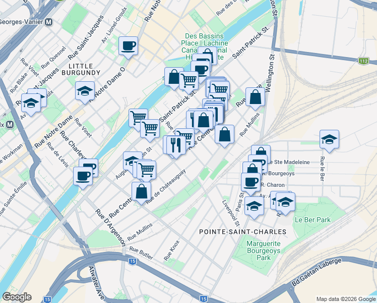 map of restaurants, bars, coffee shops, grocery stores, and more near 2104 Rue Centre in Montréal