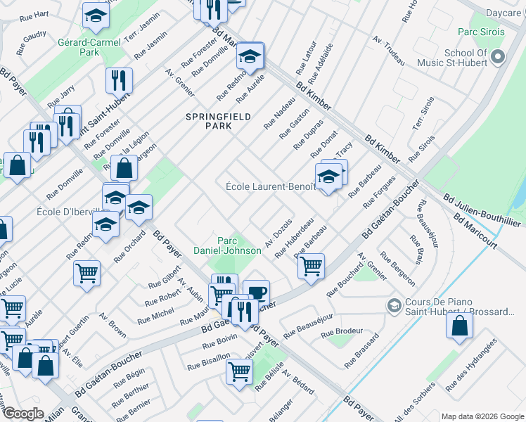 map of restaurants, bars, coffee shops, grocery stores, and more near 4455 Rue Donat in Longueuil