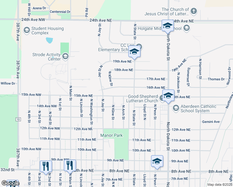 map of restaurants, bars, coffee shops, grocery stores, and more near 422 16th Avenue Northeast in Aberdeen