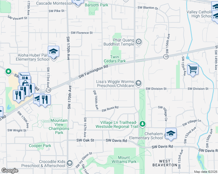 map of restaurants, bars, coffee shops, grocery stores, and more near 16385 Southwest Division Street in Beaverton