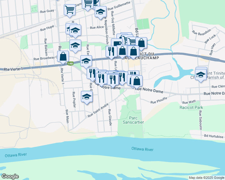 map of restaurants, bars, coffee shops, grocery stores, and more near 310 Rue Notre Dame in Gatineau