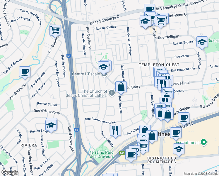 map of restaurants, bars, coffee shops, grocery stores, and more near 10 Rue le Baron in Gatineau