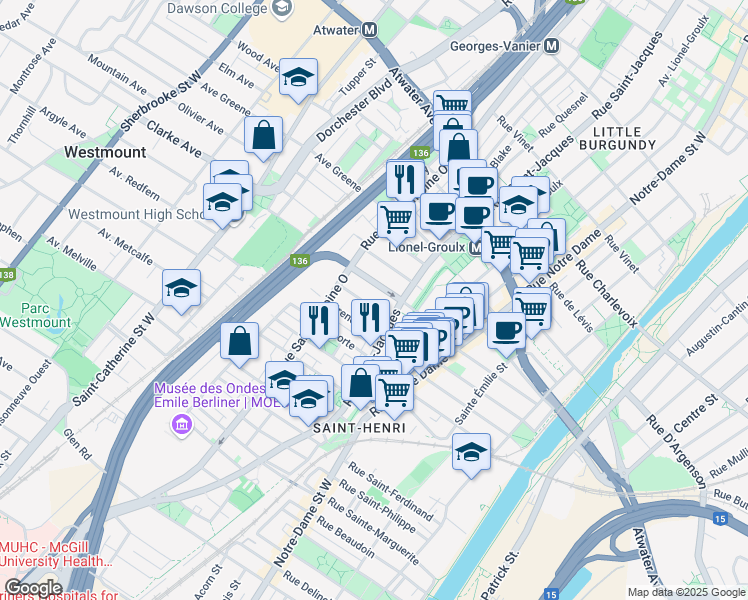 map of restaurants, bars, coffee shops, grocery stores, and more near 729 Rue Bourget in Montréal