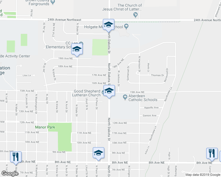 map of restaurants, bars, coffee shops, grocery stores, and more near 1502 North Dakota Street in Aberdeen