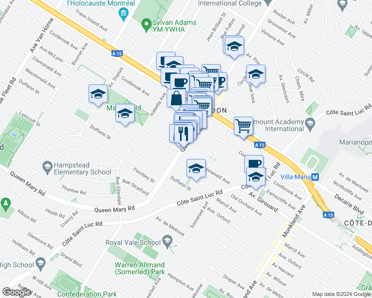 map of restaurants, bars, coffee shops, grocery stores, and more near 5500 Chemin Queen Mary in Montréal