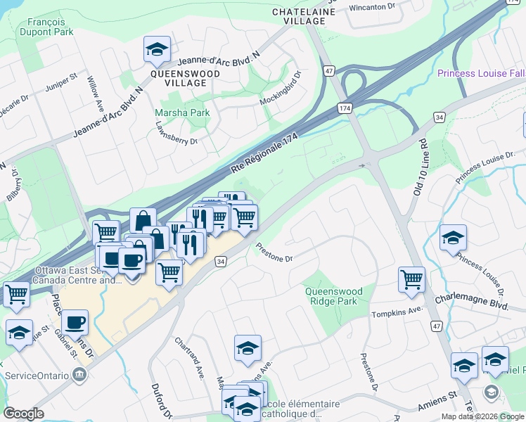 map of restaurants, bars, coffee shops, grocery stores, and more near 310 Centrum Boulevard in Ottawa