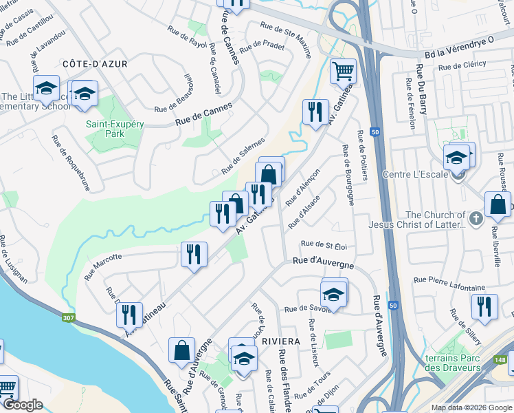 map of restaurants, bars, coffee shops, grocery stores, and more near 87 Avenue Gatineau in Gatineau