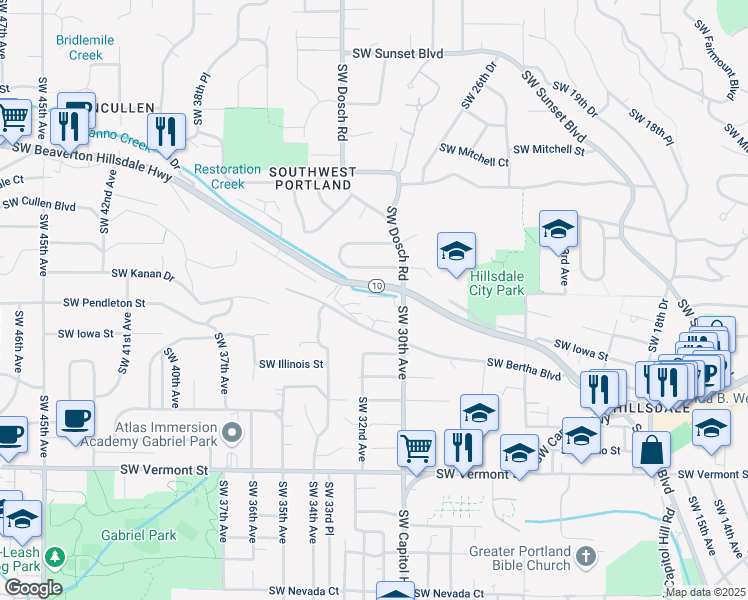 map of restaurants, bars, coffee shops, grocery stores, and more near 3118 Southwest Beaverton Hillsdale Highway in Portland