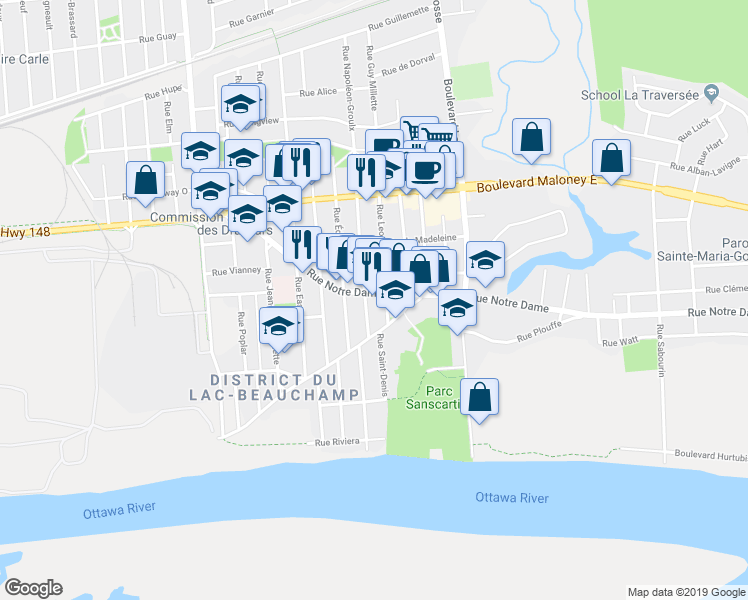 map of restaurants, bars, coffee shops, grocery stores, and more near 314 Rue Notre Dame in Gatineau