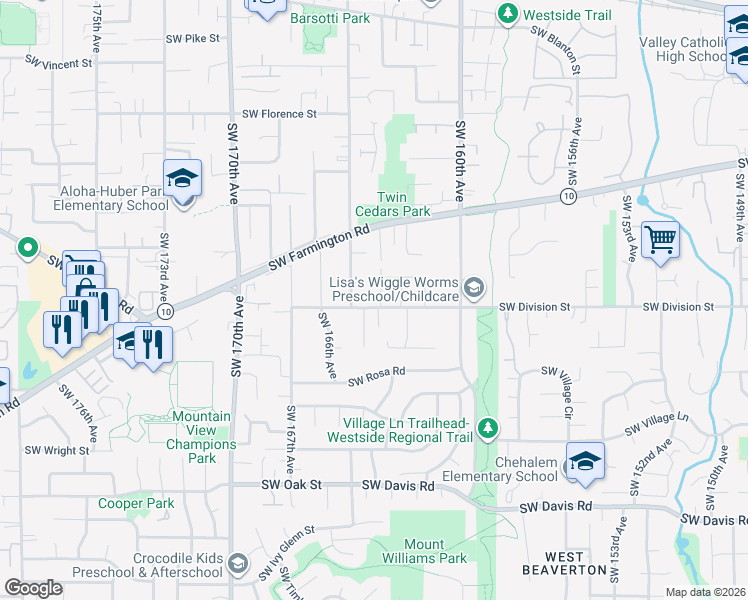 map of restaurants, bars, coffee shops, grocery stores, and more near 16385 Southwest Division Street in Beaverton