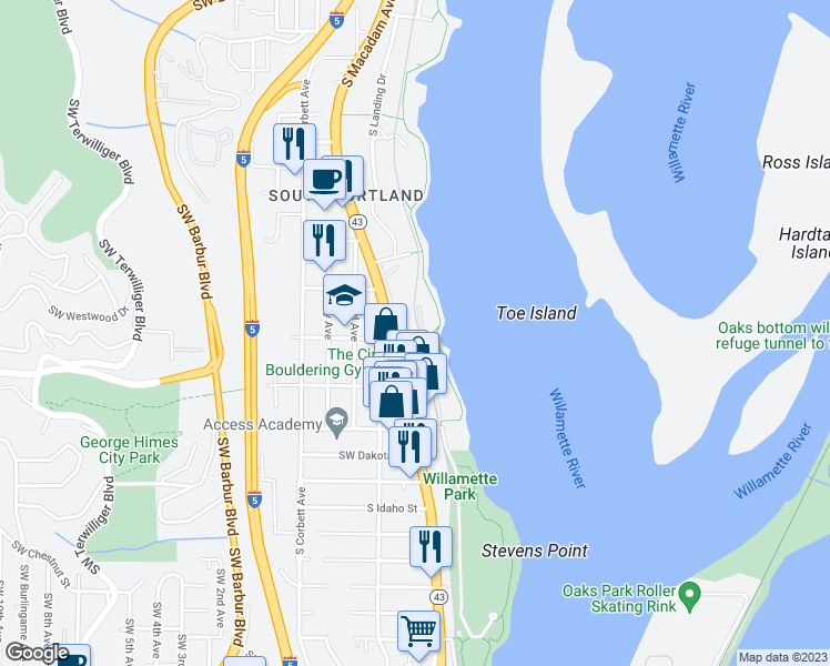 map of restaurants, bars, coffee shops, grocery stores, and more near 5858 South Riveridge Lane in Portland