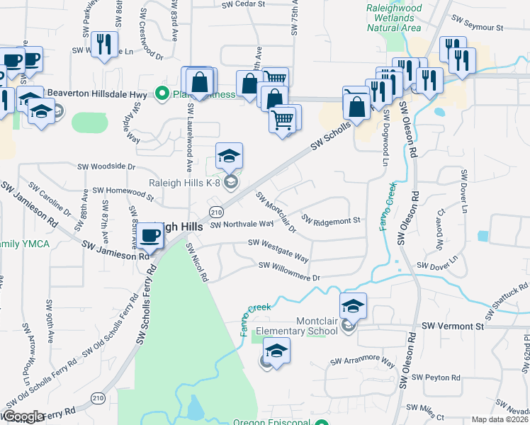 map of restaurants, bars, coffee shops, grocery stores, and more near 7780 Southwest Montclair Drive in Portland