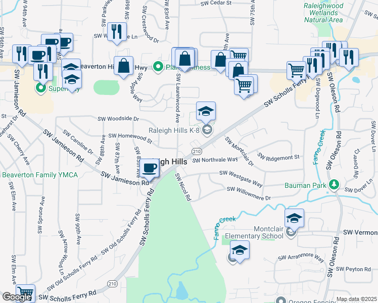 map of restaurants, bars, coffee shops, grocery stores, and more near 5409 Southwest Scholls Ferry Road in Portland