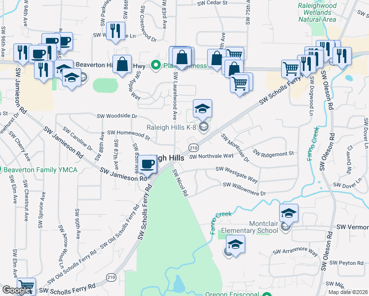 map of restaurants, bars, coffee shops, grocery stores, and more near 5409 Southwest Scholls Ferry Road in Portland